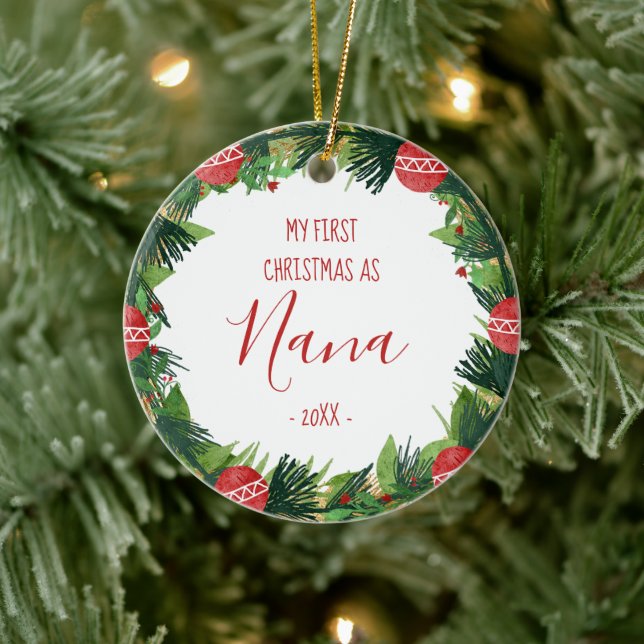 Erste Weihnachten als Nana Baby Foto Wreath Keramik Ornament (Baum)
