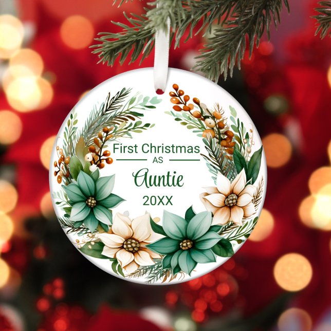 Erste Weihnachten als Tante White Green Poinsettia Keramik Ornament (Von Creator hochgeladen)