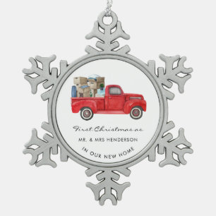 Erste Weihnachten als Zuhause von Frau Red Truck H Schneeflocken Zinn-Ornament