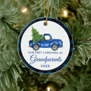 Erste Weihnachten Großeltern Truck Blue Kariert Keramik Ornament