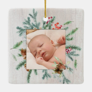 Erste Weihnachten Großeltern Winter Grüne Foto Keramikornament