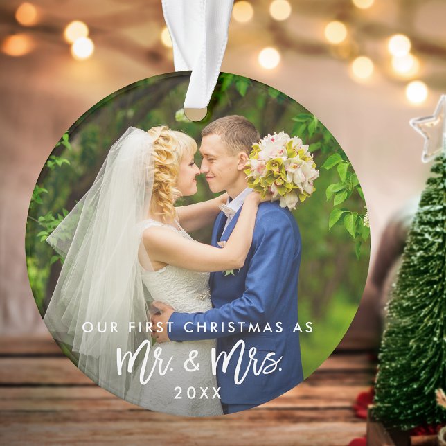 Erste Weihnachten Herr & Mrs. Foto Brush Script Ornament (Von Creator hochgeladen)
