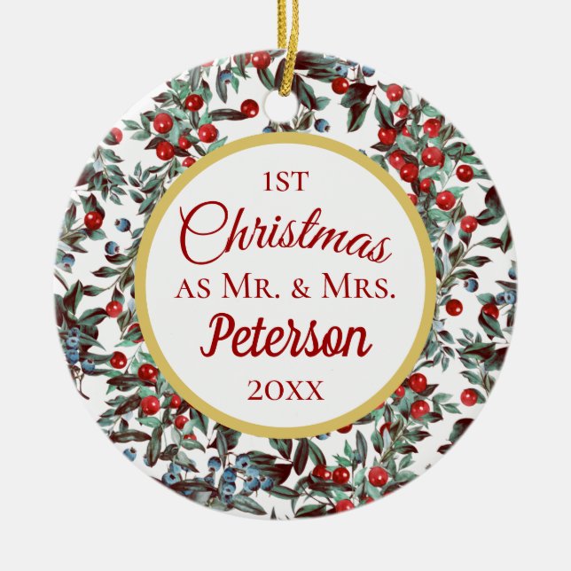Erste Weihnachten Herr und Frau Red Blue Berries C Keramik Ornament (Vorne)
