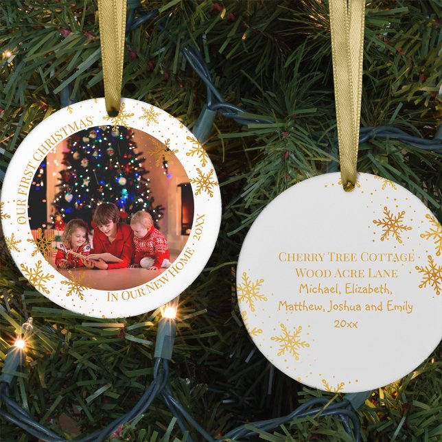 Erste Weihnachten im New Zuhause Gold Snowflakes F Keramik Ornament (First Christmas in New Home keepsake ornament with photo and new address)