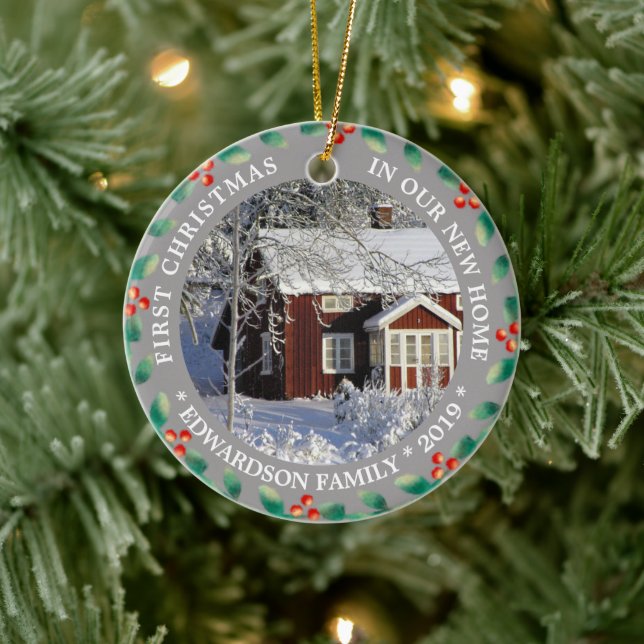 Erste Weihnachten in unserem neuen Zuhause-Foto Keramik Ornament (Baum)