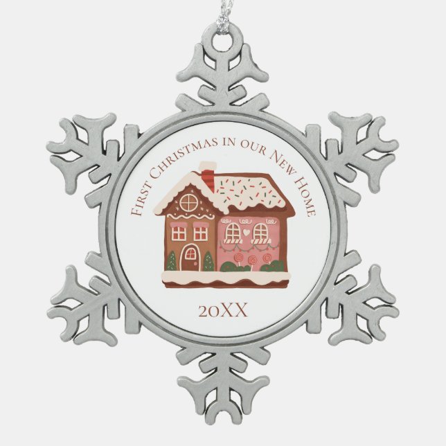 Erste Weihnachten in unserem neuen Zuhause Gingerb Schneeflocken Zinn-Ornament (Vorderseite)