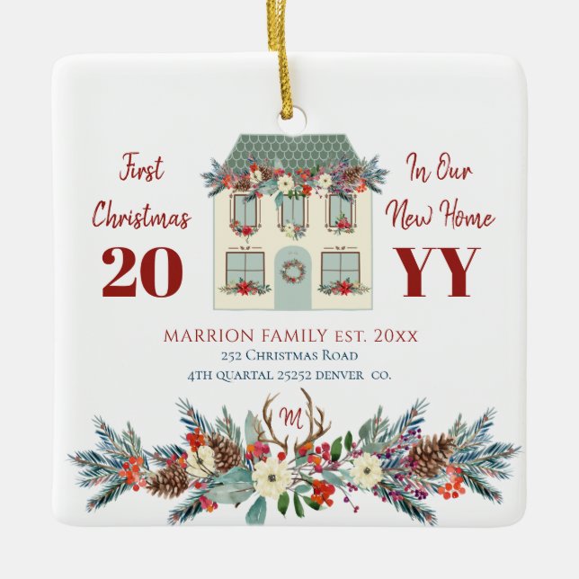 Erste Weihnachten in unserer neuen rustikalen Zuha Keramikornament (Vorderseite)