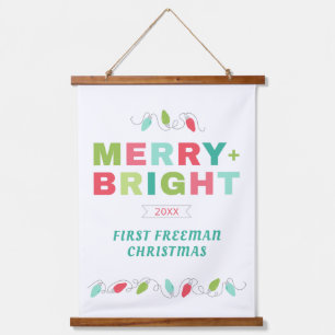 Erste Weihnachten Merry + Bright Wall Banner Wandteppich Mit Holzrahmen
