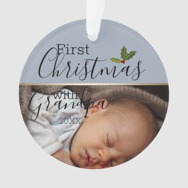 Erste Weihnachten mit Grandpa Baby Foto Dusty Blue Ornament (Vorderseite)