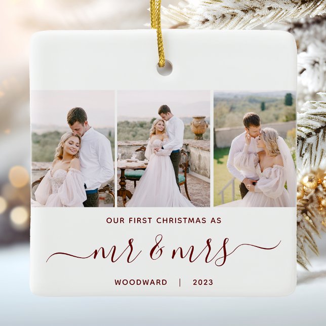 Erste Weihnachten Mr. and Mrs. 3 Foto Red Script Keramikornament (Von Creator hochgeladen)