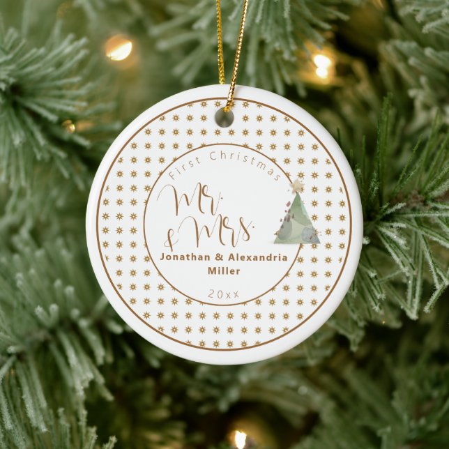 Erste Weihnachten Mr. & Mrs. | Aquarellbaum Keramik Ornament (Baum)
