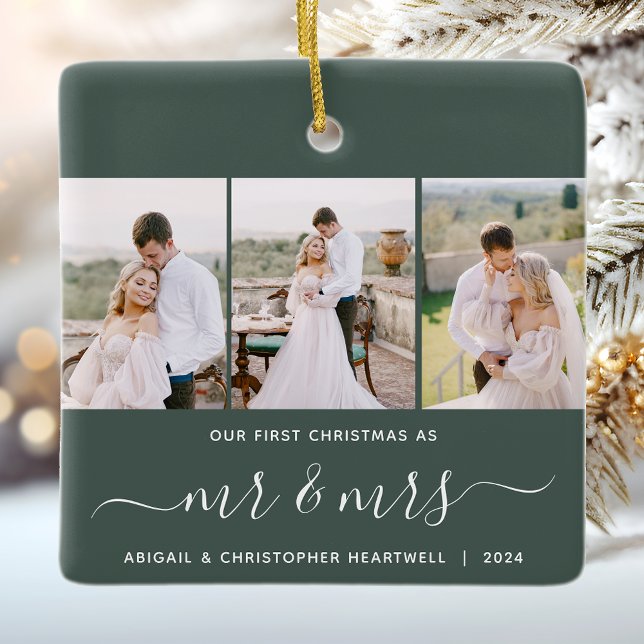 Erste Weihnachten Mr. und Mrs. 3 Foto Script Green Keramikornament (Von Creator hochgeladen)