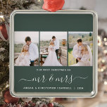Erste Weihnachten Mr. und Mrs. 3 Foto Script Green Ornament Aus Metall<br><div class="desc">Erinnern Sie sich an Ihr erstes Weihnachtsfest als frisch vermählte Neuvermählte mit diesem schönen modernen Sake-Ornament. Der weiße Text lautet "Unser erstes Weihnachten wie", mit den Worten "mr & mrs" in eleganter Handschrift mit Schnörkeln vor und nach. Ersetzen Sie die drei Beispielbilder durch Ihre bevorzugten vertikalen Fotos, und fügen Sie...</div>