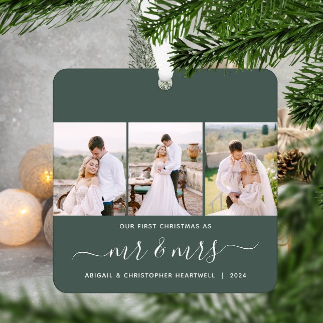 Erste Weihnachten Mr. und Mrs. 3 Foto Script Green Ornament Aus Metall (Von Creator hochgeladen)