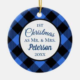 Erste Weihnachten Mr. und Mrs Buffalo Blue Kariert Keramik Ornament