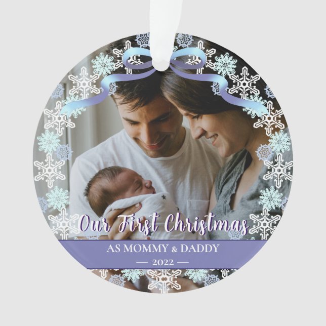 Erste Weihnachten Neue Baby Eltern Snowflakes Ribb Ornament (Vorderseite)