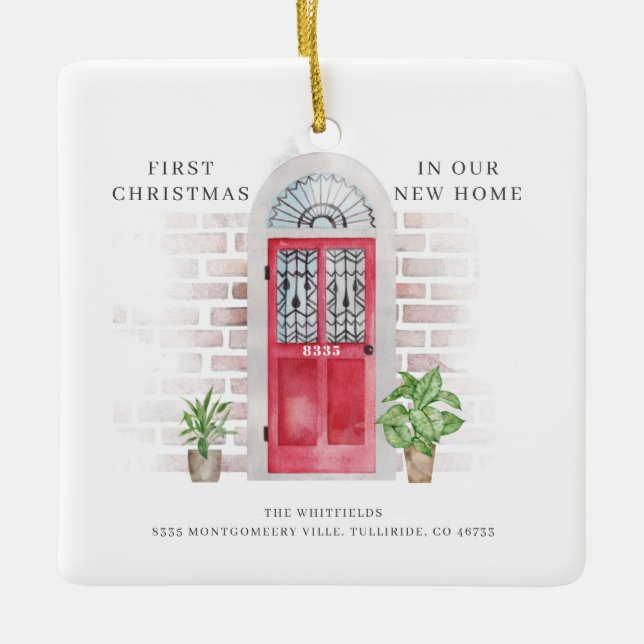 Erste Weihnachten Neue Zuhause Red Door Boho Keramikornament (Vorderseite)