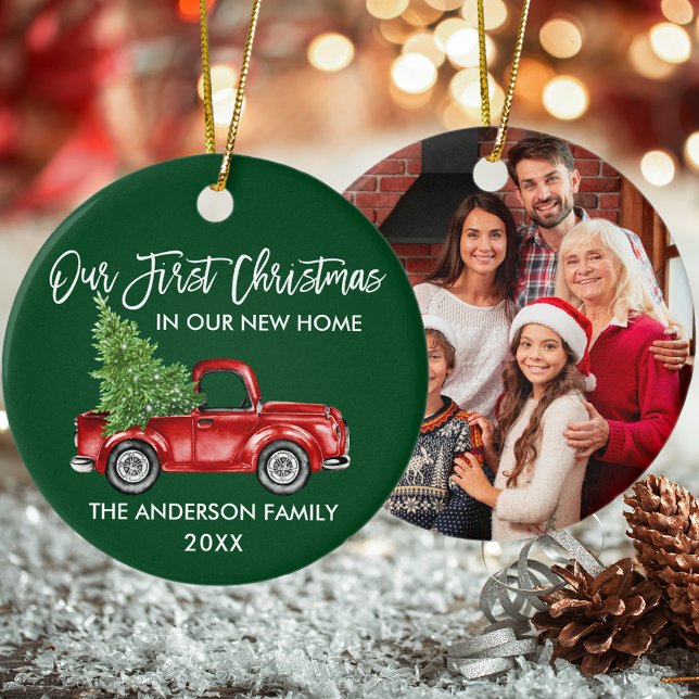 Erste Weihnachten Neue Zuhause Truck Green FOTO Keramik Ornament (Customize with Name, Year and Photo.)