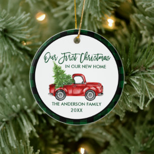 Erste Weihnachten Neue Zuhause Truck Green Kariert Keramik Ornament