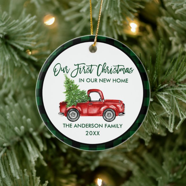 Erste Weihnachten Neue Zuhause Truck Green Kariert Keramik Ornament (Baum)