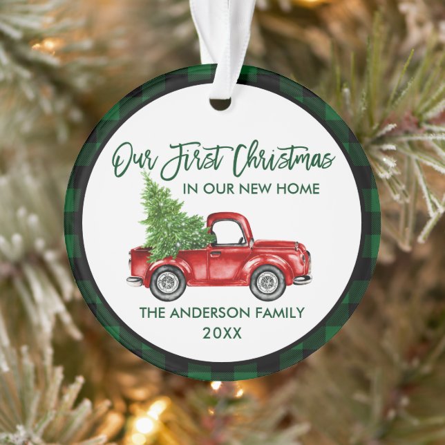 Erste Weihnachten Neue Zuhause Truck Green Kariert Ornament (Baum)