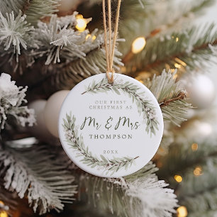 Erste Weihnachten Newlyweds Sage Greenery Keramik Ornament
