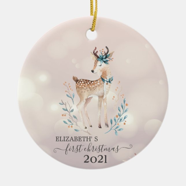 Erste Weihnachten, Niedlicher Hirschurlaub Keramik Ornament (Vorne)