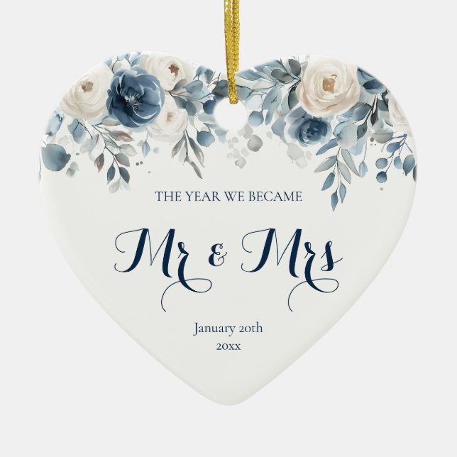 Erste Weihnachten Verheiratet Blue Floral Mr. und  Keramik Ornament (Vorne)