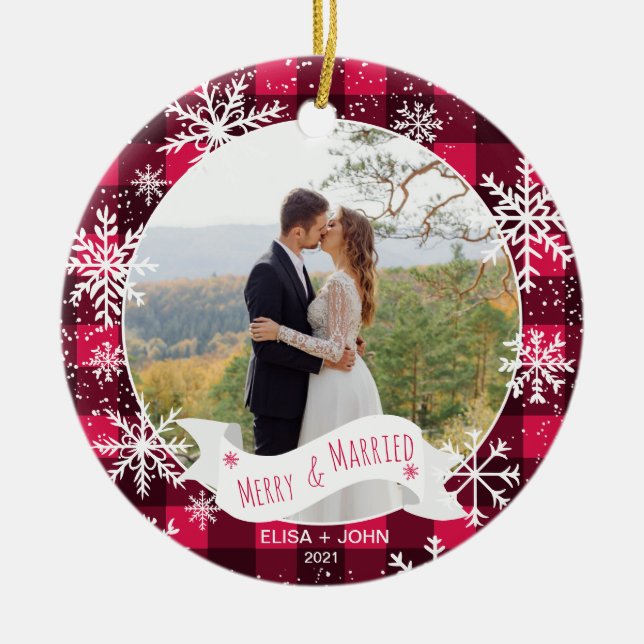 Erste Weihnachten verheiratet karierten 2 Fotos Sc Keramik Ornament (Vorne)