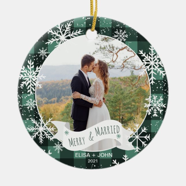 Erste Weihnachten verheiratet karierten 2 Fotos Sc Keramik Ornament (Vorne)