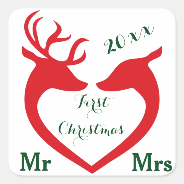 Erste Weihnachten Verheiratet Mr. und Mrs. Heart D Quadratischer Aufkleber (Vorderseite)