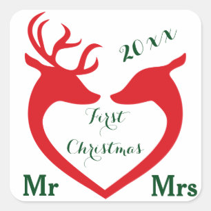 Erste Weihnachten Verheiratet Mr. und Mrs. Heart D Quadratischer Aufkleber