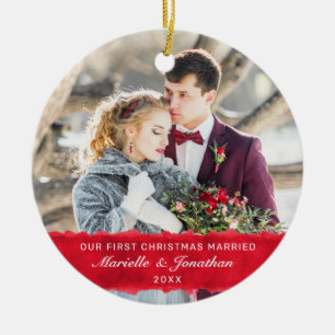 Erste Weihnachten Verheiratet Red Strip Custom Fot Keramik Ornament