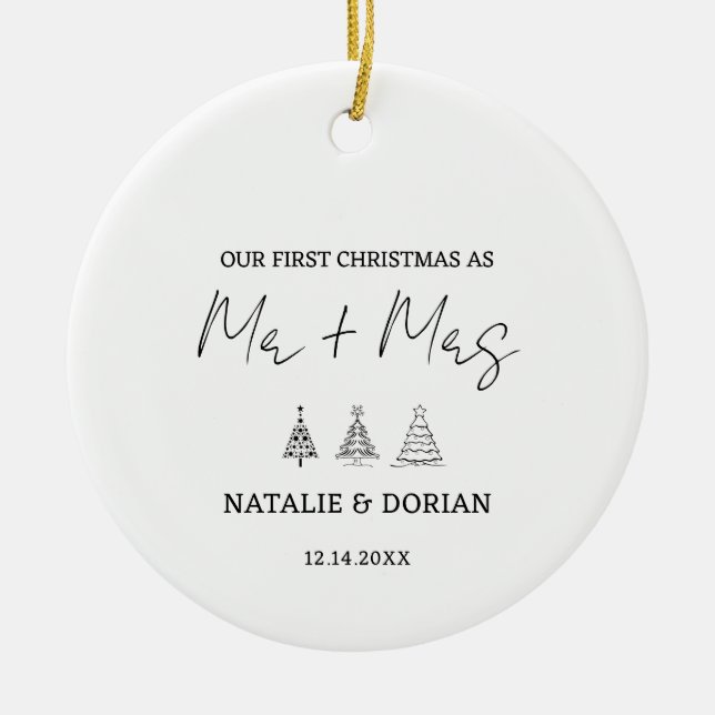 Erste Weihnachten Verheiratete Mr. and Mrs. Tree C Keramik Ornament (Vorne)