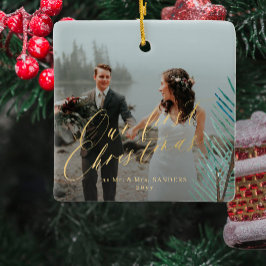 Erste Weihnachten verheiratete Mr. und Mrs. 2 Foto Keramikornament