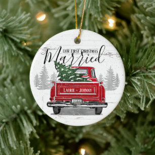 Erste Weihnachten Verheirateter Vintager Truck Fot Keramik Ornament