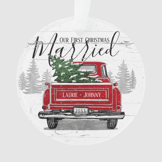 Erste Weihnachten Verheirateter Vintager Truck Fot Ornament (Vorderseite)