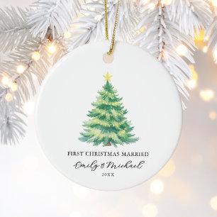Erste Weihnachten Verheiratetes Newlyrische Foto Keramik Ornament
