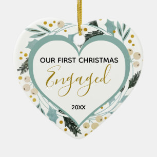 Erste Weihnachten Verlobten Paar Foto Gold Herz Keramik Ornament