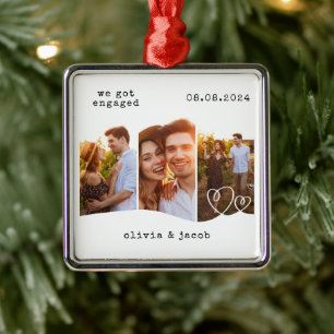 Erste Weihnachten Verlobtes Minimalistisches Foto Ornament Aus Metall