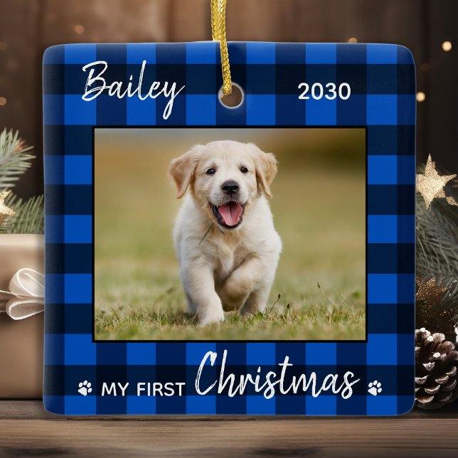 Erste Weihnachten Welpe Blue Kariert Dog Pet Foto Keramikornament (Von Creator hochgeladen)