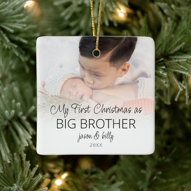 Erste Weihnachts Big Brother Foto Overlay-Namen Keramikornament (Baum)