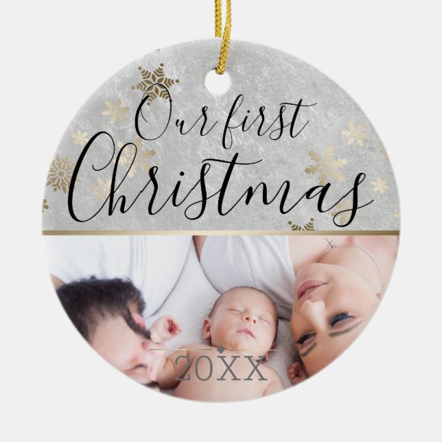 Erste Weihnachts-Custom-Foto Silber und Gold Keramik Ornament (Vorne)