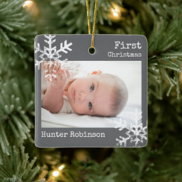 Erste Weihnachts Dunkelgrau Foto Schneeflocken Keramikornament