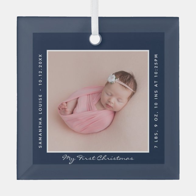 Erste Weihnachts-Foto Script Baby Ornament Aus Glas (Vorderseite)