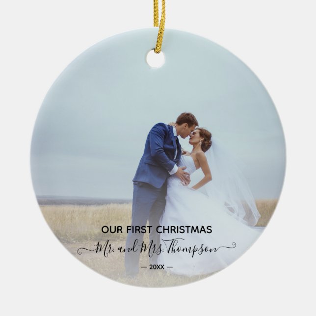 Erste Weihnachts-Foto Signature Script Newlyweds O Keramik Ornament (Vorne)