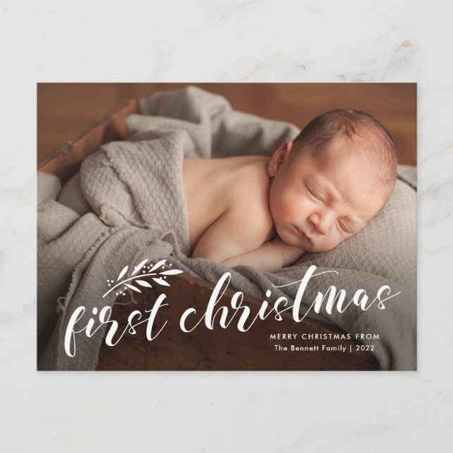 Erste Weihnachts-Handschrift Baby-Foto Feiertagspostkarte (Vorderseite)