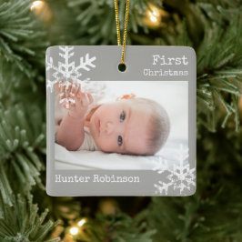 Erste Weihnachts Light Grau Foto Schneeflocken Keramikornament