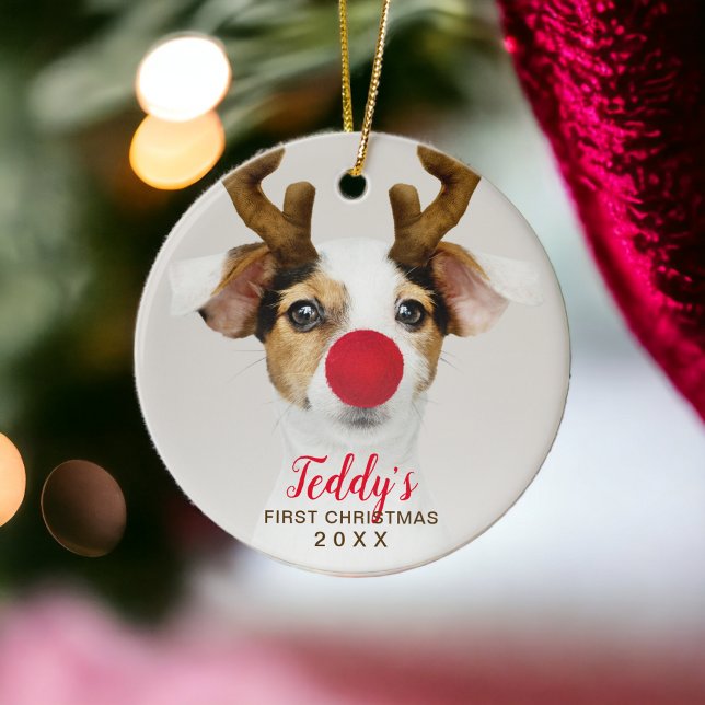 Erste Weihnachts-niedliche Hunde Foto Typografie Keramik Ornament (First Christmas cute pet dog photo typography Ceramic Ornament)