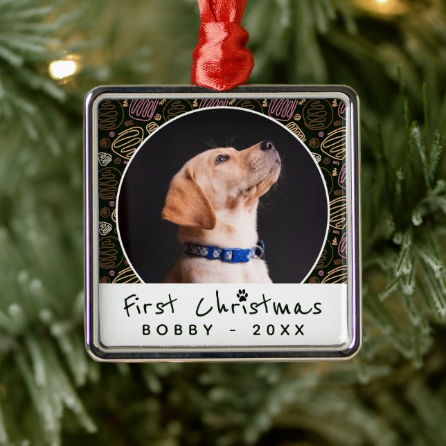 Erste Weihnachts-One-Line-Muster Dog Pet Foto Ornament Aus Metall (Baum)